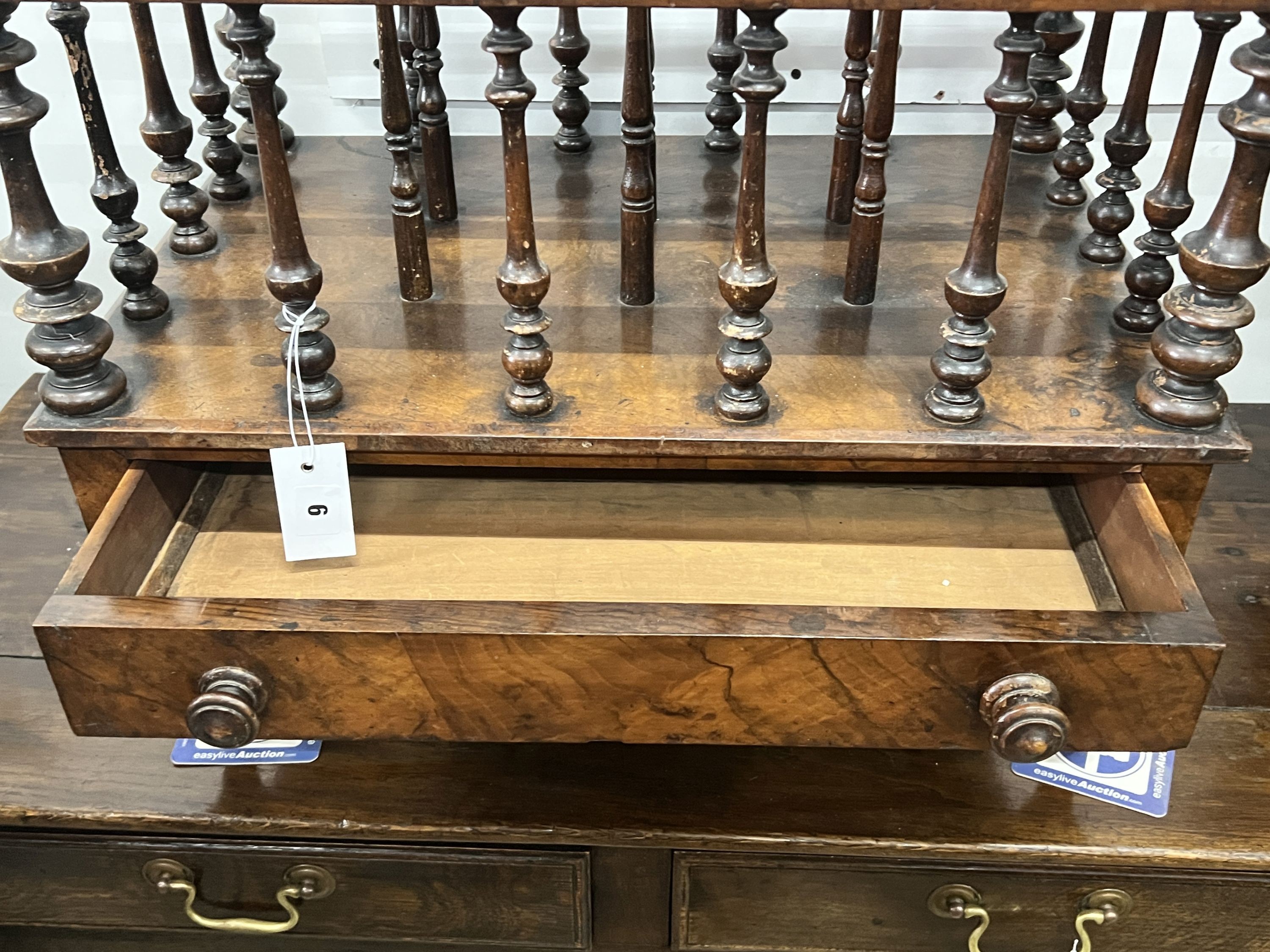 A burr walnut Canterbury / whatnot (lacks superstructure), width 61cm, depth 39cm, height 89cm